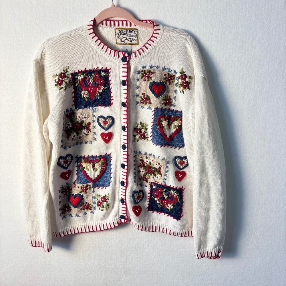 Vintage Heirloom Collectibles Heart Floral Patchwork Cardigan Cream XL